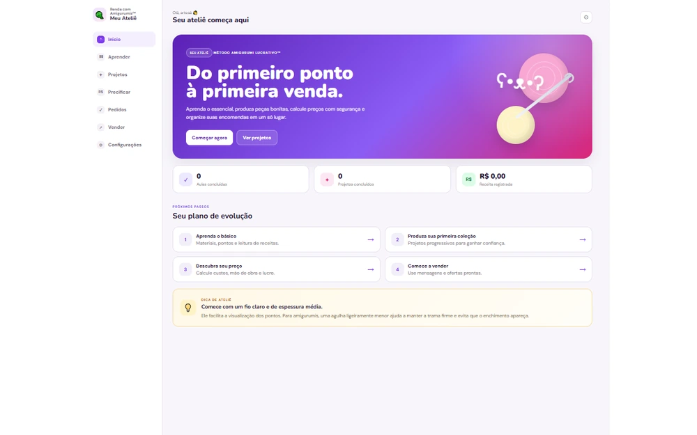 Tela inicial da plataforma Renda com Amigurumis